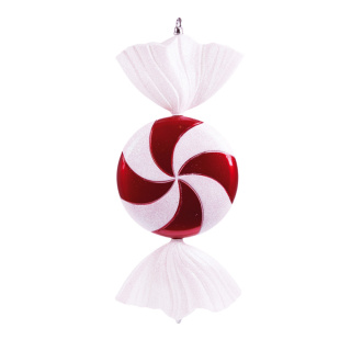 Bonbon rund, flach, mit Hänger+Glitter, Kunststoff, 6cm dick Größe:Ø 20cm, 47cm,  Farbe: rot/weiß
