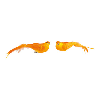 Vögel mit Clip 2-fach sortiert, Styrofoam mit Federn     Groesse: 6x26cm    Farbe: orange