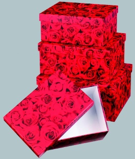 Boxen Rosen, 4Stck./Satz, nestend, Karton/Papier, 23x16,5x9cm, 25x18,5x10,5cm, 28x20,5x12cm, 31x22,5x13cm,  rot/schwarz, teilweise ausgebleicht