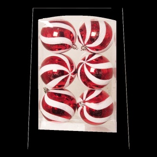 Weihnachtskugel-Kunststoff  Größe:Ø 8cm,  Farbe: rot/weiß/glitter   Info: SCHWER ENTFLAMMBAR