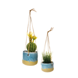 Blumenampel Keramik/Seil, Größe: 13x15 cm Farbe: blau/natur   #