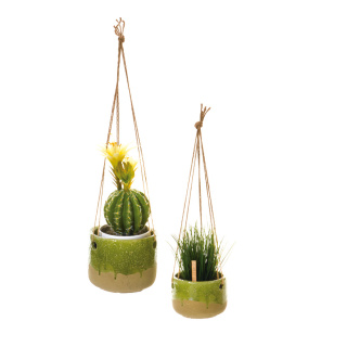 Blumenampel Keramik/Seil, Größe: 13x15 cm Farbe: grün/natur   #