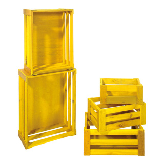Crates wood, 5 pcs./set, nested     Size: from 37x28.5x15.5cm to 21x12.5x9.5 cm    Color: yellow wiped