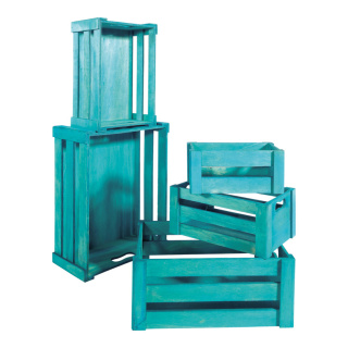 Crates wood, 5 pcs./set, nested     Size: from 37x28.5x15.5cm to 21x12.5x9.5 cm    Color: turquoise