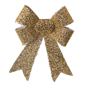 Bow with glitter front side covered with tinsel - Material: back side smooth made of plastic - Color: gold - Size: 25x16x25cm