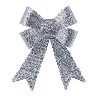 Bow with glitter front side covered with tinsel - Material: back side smooth made of plastic - Color: silver - Size: 25x16x25cm