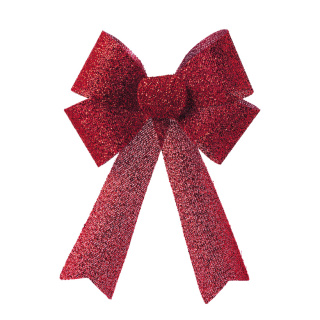 Bow with glitter front side covered with tinsel - Material: back side smooth made of plastic - Color: red - Size: 47x27x5cm