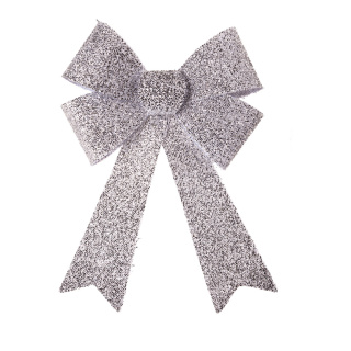 Bow with glitter front side covered with tinsel - Material: back side smooth made of plastic - Color: silver - Size: 47x27x5cm