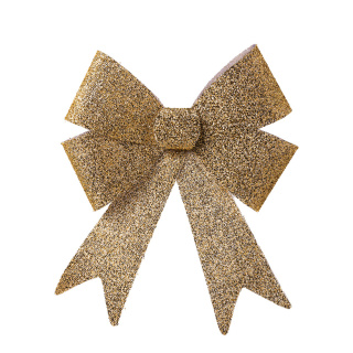 Bow with glitter front side covered with tinsel - Material: back side smooth made of plastic - Color: gold - Size: 50x38x9cm