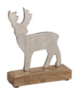 Hirsch aus Metall auf Sockel aus Mango Holz, Größe:15x19x5 cm Farbe:Siber/Holz natur