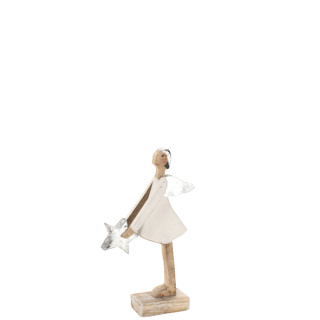 Holz Dame "Marie", mit Stern+Flügel in silber, Höhe 24cm, Länge 15cm, Breite 5cm, weiß+silber