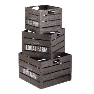 Metal boxes set of 3, with lettering »Local Farm«     Size: 27x27x23cm-40x40x28cm    Color: silver/white