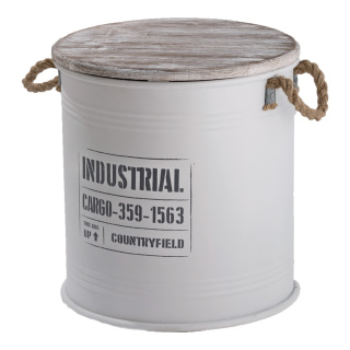 Metal barrels set of 3, with wooden lid and rope     Size: 37xØ35cm, 33xØ30cm, 26,5xØ25cm    Color: white/grey