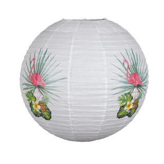 Lanterne flamant et feuille de palmier, en papier     Taille: Ø60cm    Color: blanc/rose