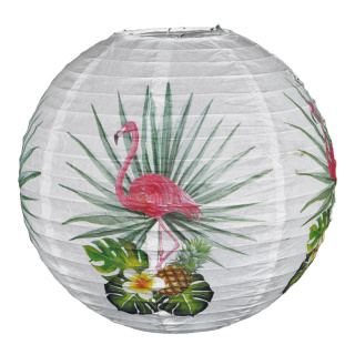 Lanterne flamant et feuille de palmier, en papier     Taille: Ø30cm    Color: blanc/rose