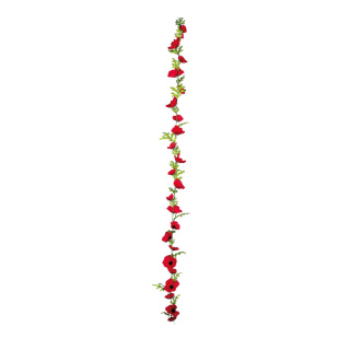 Poppy flower garland with 23 flower heads and leaves 180cm Color: red/green