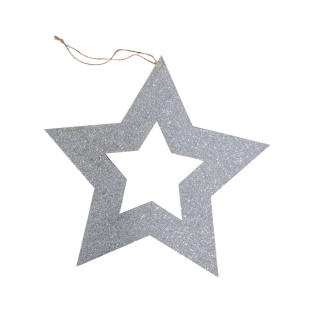 Star contour with hanger glittered - Material: out of wood - Color: silver - Size: Ø 35cm