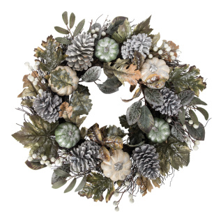 Pine wreath decorated - Material: with cones leaves berries - Color: green/white/grey - Size: Ø 56cm