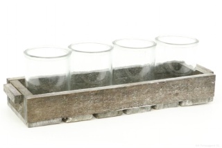 Holz-Tablet mit 4 Gläsern 38x11,5x11cm Farbe: Grau gewaschen