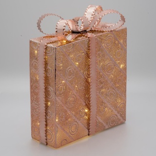 Geschenkbox mit LICHT, Lochblech aus glänzendem Kupfer mit Kreisen und Streifen Dekoration, Höhe: 30,5cm