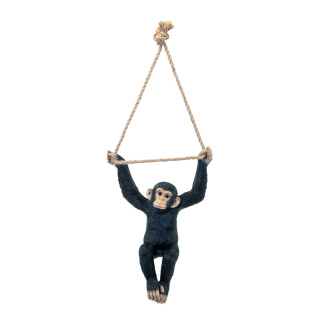 Affe zweiarmig hängend, mit Seil, aus Kunstharz     Groesse: H: 43cm, B: 31cm    Farbe: natur
