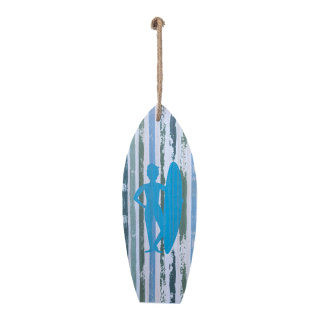 Surf board with rope hanger, motif 1, made of wood     Size: H: 60cm, W: 22cm    Color: blue/white