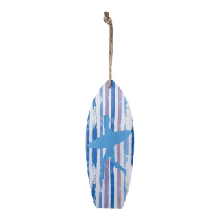 Surf board with rope hanger, motif 2, made of wood     Size: H: 60cm, W: 22cm    Color: blue/white