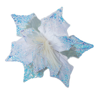 Flower sparkling with clip to fix - Material: made of styrofoam & art silk - Color: white/iridescent - Size: 32cm