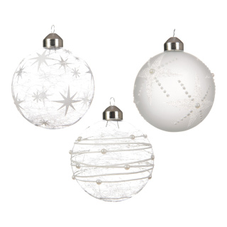 Boules de verre 3 designs assortis dans laffichage de 12 avec cintre en organza Color: transparent/blanc Size: Ø 8cm