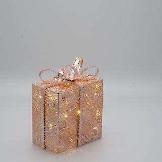 Geschenkbox mit LICHT, Lochblech aus glänzendem Kupfer mit Kreisen und Streifen Dekoration Höhe 18,5cm