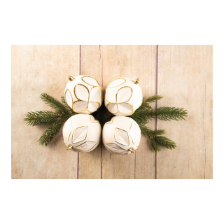 Weihnachtskugeln Ornamente 4 Stk., aus Kunststoff, sortiert, im Blister mit Sichtfenster     Groesse:10cm    Farbe:weiß/gold   Info: SCHWER ENTFLAMMBAR