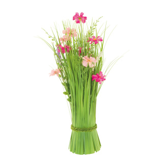 Bouquet dherbe, avec fleurs printanières, en plastique/soie artificielle     Taille: 45x25cm    Color: vert/rose