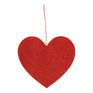 Herz mit Hänger aus Holz, flach, beglittert, doppelseitig     Groesse: 20cm, Dicke: 5mm    Farbe: rot