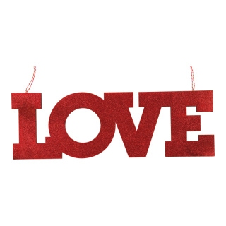 LOVE-Schriftzug aus Holz, flach, beglittert, doppelseitig, mit Hänger     Groesse: 60x20cm, Dicke: 7mm    Farbe: rot