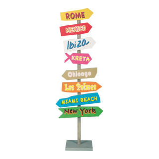 Signpost out of wood, with 5 directional arrows     Size: 90cm, signpost size: 30-50cm, wooden foot: 24x24cm    Color: multicoloured