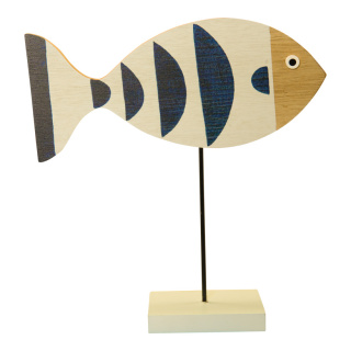 Fish on base plate out of wood/metal, double-sided     Size: 32x30cm, fish size: 30x13x2cm, wooden base: 12x8x2cm    Color: white/blue