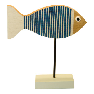 Fisch auf Bodenplatte aus Holz/Metall, doppelseitig     Groesse: 22x20cm, Maße Fisch: 20x8,5x2cm, Maße Holzfuß: 10x6x2cm    Farbe: blau/weiß