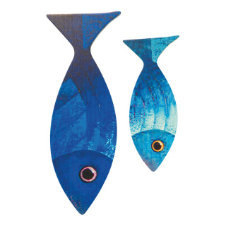 Fische im 2er Set, aus Holz, einseitig, zum Hängen oder Stellen     Groesse: 20x7,3x1cm, 30x10x1cm    Farbe: blau