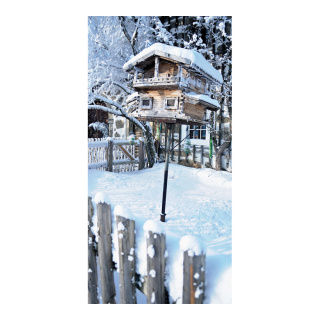 Motivdruck "Vogelhaus im Schnee" aus Stoff   Info: SCHWER ENTFLAMMBAR