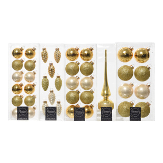 Baumschmucksortiment aus Glas, Kugeln 4-6cm, Zapfen 3-6cm, Größe:  Farbe: gold/hellgold   #