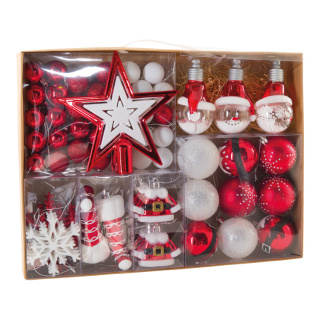 Baumschmucksortiment 70-fach, aus Kunststoff, mit Sichtfenster, mit Sternen & Weihnachtsmännern     Groesse:    Farbe:weiß/rot