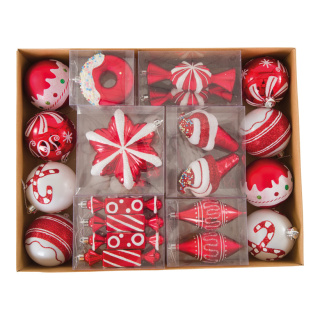 Baumschmucksortiment 60 Stk., aus Kunststoff, sortiert mit Ornamente, Donats, Bonbons, Eis     Groesse:Ø 3-12cm    Farbe:rot/weiß