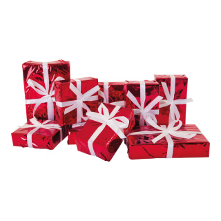 Geschenkpäckchenset 9-tlg, aus Styropor/Folie Abmessung: 3x: 9x9x3cm, 11x7x4cm, 15x10x3cm Farbe: rot/weiß