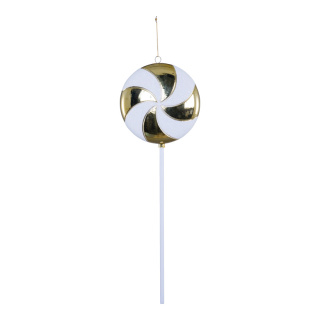 Lolli aus Kunststoff, beglittert, mit Hänger     Groesse:60cm, Ø20cm    Farbe:gold/weiß