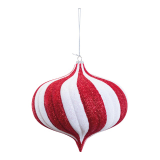 Ornament aus Kunststoff, zwiebelförmig, beglittert, mit Hänger     Groesse:Ø 15cm    Farbe:rot/weiß