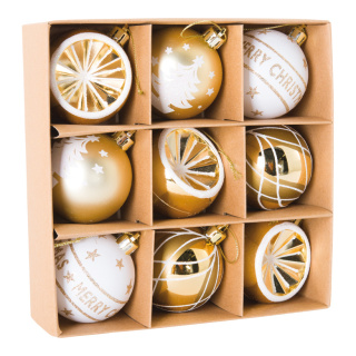 Weihnachtskugeln 9 Stk., aus Kunststoff, Ornamente, im Blister mit Sichtfenster     Groesse:Ø 6cm    Farbe:weiß/gold