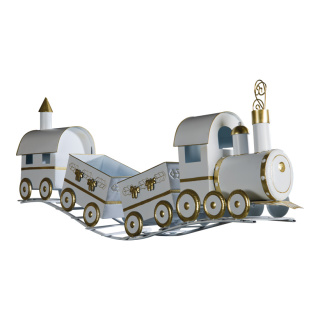 Zug aus Metall, mit 3 Waggons auf Schiene     Groesse:133x24x52cm    Farbe:weiß/gold