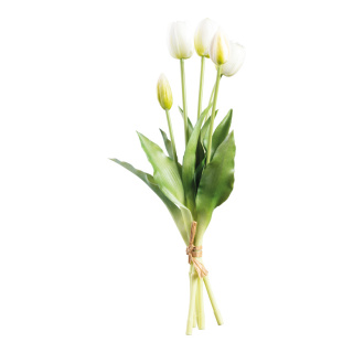 Tulpenbund 5-fach, aus Kunstseide/Kunststoff, biegsam, Real-Touch Effekt     Groesse: 40cm, Stiel: 35cm    Farbe: weiß