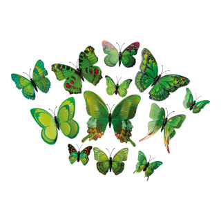 Papillons 3D 12-fois, en plastique, en sachet, avec aimant, points de colle inclus     Taille: 6-12cm    Color: vert