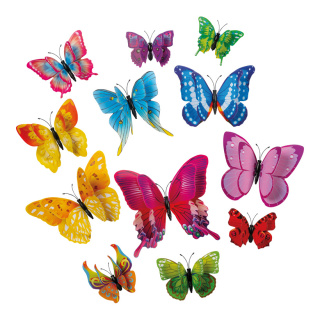 3D Butterflies 12-fold, out of plastic, in a bag, with magnet including adhesive dots     Size: 6-12cm    Color: multicoloured